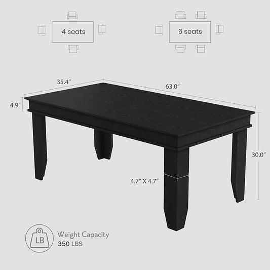 GarveeHome Farmhouse Dining Table for 6-8 People, 71 in Long Kitchen Tables with Wooden Sturdy Frame, 6 ft Large Rectangular Dinner Table for Dining Room, Kitchen, Black, 63" Non-extendable