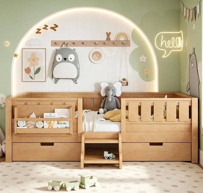 Bellemave Twin Size Kids Bed with high Rails and with Built-in Bookshelf and Drawers for Kids, Girls, Boys, Wood Montessori Bed Without Door, Light Natural