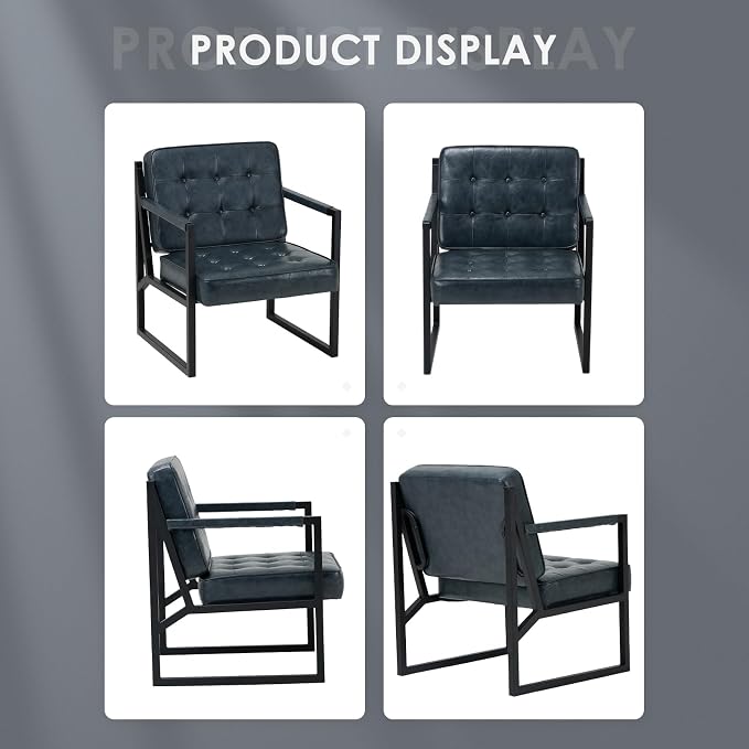 COLAMY Accent Chairs Set of 2, Modern Accent Arm Chairs for Living Room, Comfy Leather Armchairs with Metal Legs for Bedroom Reception Room, Blue