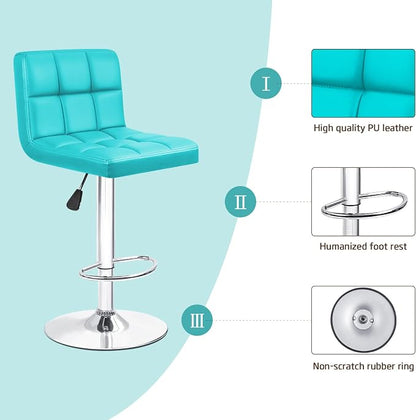 Furniwell Bar Stools Modern Pu Leather Swivel Adjustable Barstools Armless Counter Height Swivel Bar Stool Synthetic Leather Height Square Barstool with Set of 2 (Light Blue)