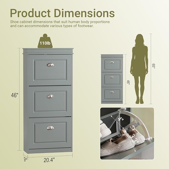 Haotian FSR94-HG, Grey Shoe Storage Cabinet with 3 Flip Drawers, Freestanding Shoe Rack, Shoe Storage Cupboard Organizer(9.4" D x 20.9" W x 46.1" H)