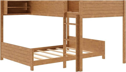 Full XL Over Full XL Bunk Bed with Built-in Storage Shelf & Ladder, Wood Bed Frame with Support Slats, Space-Saving Design, Walnut