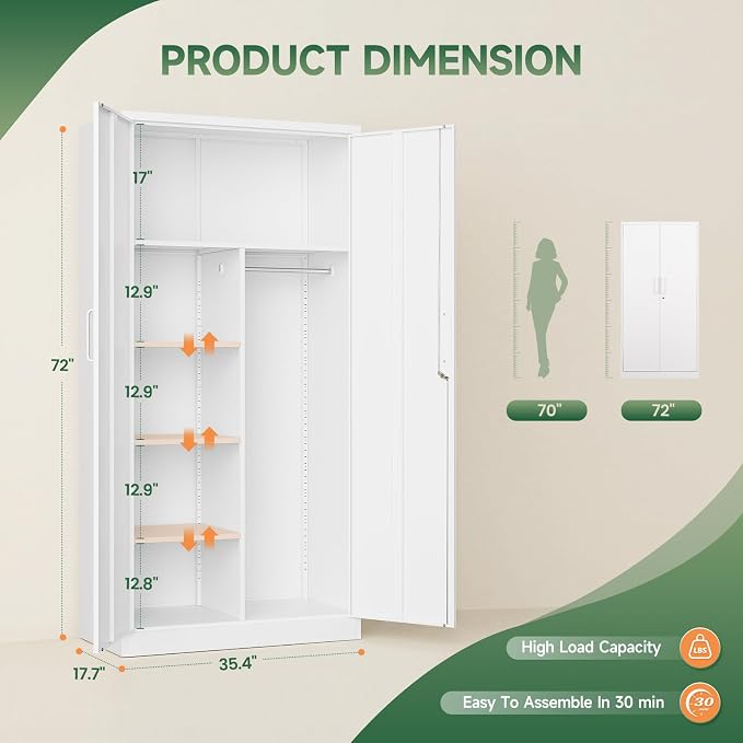 Letaya Metal Locker,Steel Wardrobe Storage Cabinets with Lock Door,Clothing Coat Storage Freestanding for Office, Home, School, Employee,Gym,Fire Department (White)