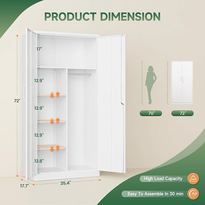 Letaya Metal Locker,Steel Wardrobe Storage Cabinets with Lock Door,Clothing Coat Storage Freestanding for Office, Home, School, Employee,Gym,Fire Department (White)