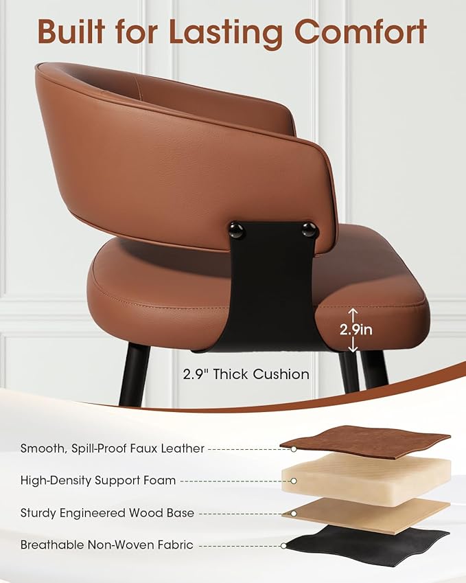 Dining Chairs Set of 4, Modern Upholstered PU Leather Kitchen & Dining Room Chairs with Curved Open Back Metal Legs, Kitchen Chairs for Dining Room Restaurant (Brown, Set of 4)