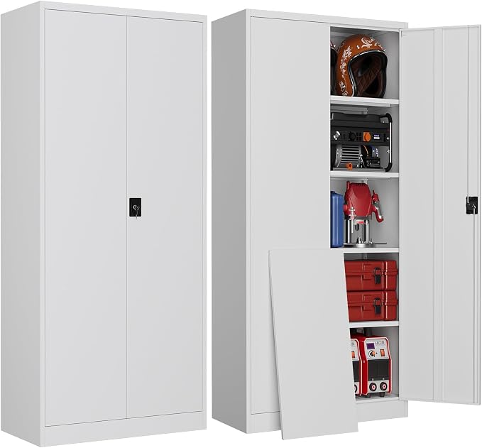 Metal Garage Storage Cabinets with Lock, 71" Tall Tool Cabinet with 2 Door and 4 Adjustable Shelves, Locking Garage Cabinets and Lockable Steel Locker for Home Office Warehouse - (White-71”H)
