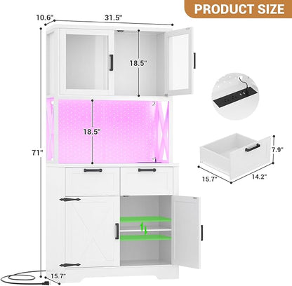 Unikito 71" Pantry Cabinet with LED Light & Outlet, Tall Kitchen Pantry Storage Cabinet with Microwave Stand, DIY Pegboard, Drawers and Adjustable Shelf, Farmhouse Kitchen Hutch for Dining Room, White