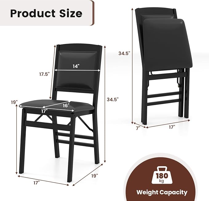 Giantex Folding Dining Chairs Set of 4, Black Wood Kitchen Chair w/Padded Seat, Solid Wood Frame, Max Load 400 Lbs, No Assembly, Easy to Store Foldable Wooden Dining Chairs for Apartment, Small Space