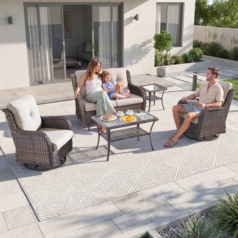 Outdoor Wicker Glider Loveseat, Porch Glider 2 Seater Couch, Brown/Beige