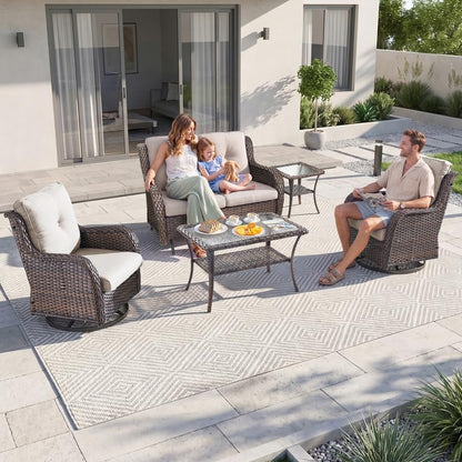 Outdoor Wicker Glider Loveseat, Porch Glider 2 Seater Couch, Brown/Beige