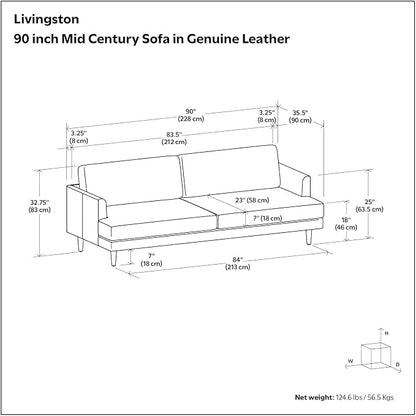 SIMPLIHOME Livingston 90-inch Wide Sofa in Sienna Top Grain Genuine Leather, Handcrafted Mid-Century Modern Couch for Living Room, Large 3-Seater with Feather-Wrapped Cushions and Solid Wood Frame