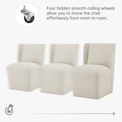 KISLOT Upholstered Dining Chairs Set of 4 with Casters, Wingback Modern Side Armless Deskchair with Rollers for Diningroom Bedroom Livingroom Reading Room, Cream Beige Fabric