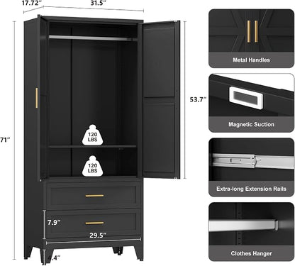 YAUWOH Farmhouse Wardrobe Cabinet with 2 Drawers,Metal Wardrobe Closet with Hanging Rod,Metal Armoire with Adjustable Shelves for Bedroom, Cloak Room,Office (Blakc)