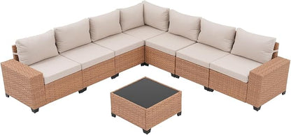 SUNSITT 8-Piece Patio Furniture Set, Outdoor Wicker Modular Sectional Sofa with 7.7-inch Wide Armrests & Thick Comfy Cushions, Glass Top Coffee Table, Rattan Conversation Set, Natural Color