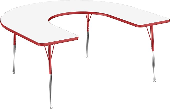 FDP Dry-Erase Horseshoe Activity School and Office Table (60 x 66 inch), Standard Legs with Swivel Glides for Collaborative Spaces, Adjustable Height 19-30 inches - Whiteboard Top, Red Edge and Legs