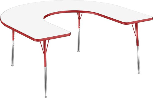 FDP Dry-Erase Horseshoe Activity School and Office Table (60 x 66 inch), Standard Legs with Swivel Glides for Collaborative Spaces, Adjustable Height 19-30 inches - Whiteboard Top, Red Edge and Legs