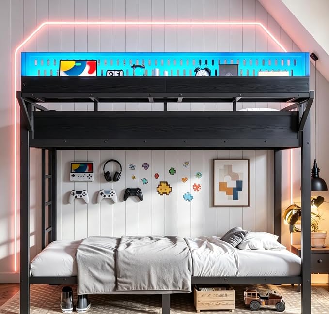 Bellemave Bunk Bed Twin XL Over Twin XL，Metal Bunk beds with Storage Shelves USB Ports and LED Lights, Black