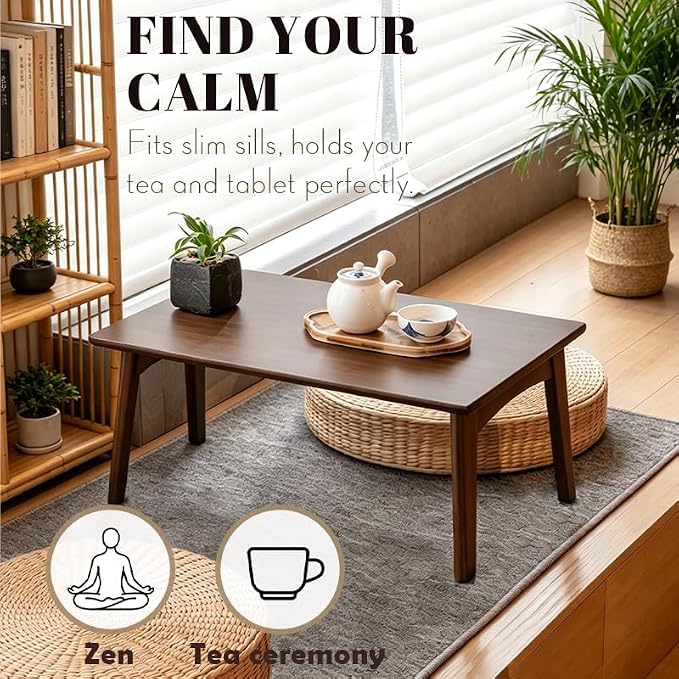 Bamboo Folding Coffee Table, Japanese Low Desk, No Assembly Portable Furniture, for Dining Working Studying Relaxing, Chestnut, 26 x 15.8 x 11.8 Inches