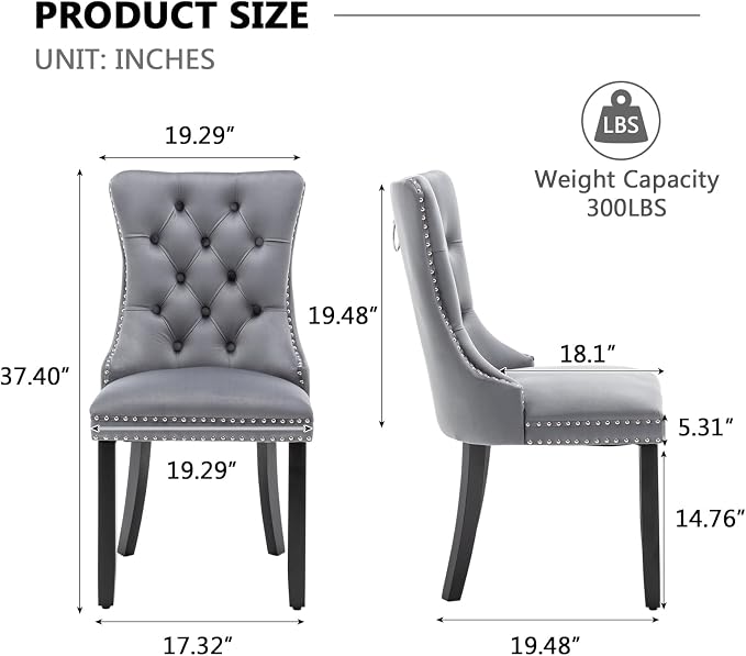 Hixkol Velvet Dining Chairs Set of 4,Upholstered Dining Chairs with Ring Pull Trim and Button Back,Modern Seating for Kitchen, Bedroom & Living Room(Grey)