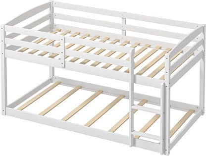 Giantex Twin Low Bunk Bed, Solid Wood Twin Over Twin Bunk Bed Frame with Full Guardrails & Integrated Ladder, Floor Twin Bunk Beds for Kids Boys and Girls, No Box Spring Needed, White