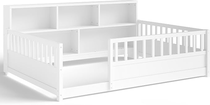 Bellemave Full Size Montessori Floor Bed with Bookcase, Full Size Floor Bed with Rails and Storage Shelves, Easy Assemble Montessori Beds Frame for Girls, Boys, White