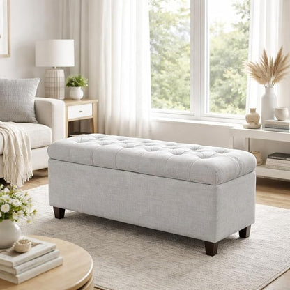 Homepop Home Decor Tufted Ainsley Button Storage Ottoman Bench with Hinged Lid Ottoman Bench with Storage for Living Room & Bedroom, Light Blue 18x40x18 Inches