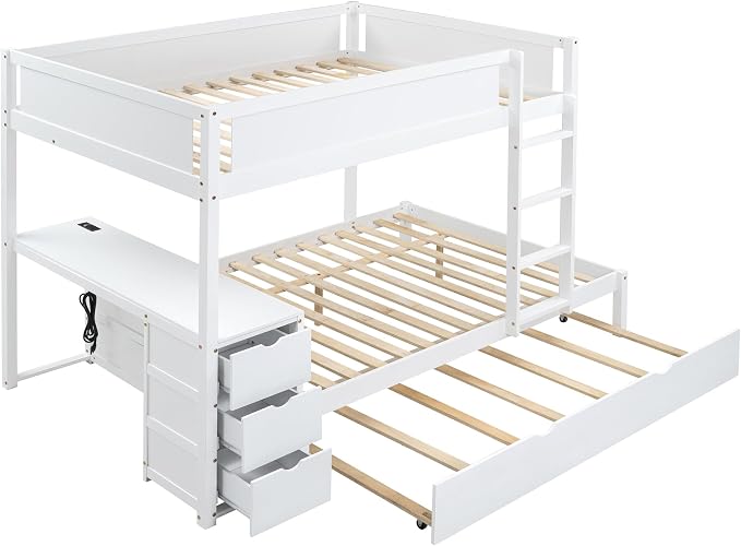 Harper & Bright Designs Full Over Full Bunk Bed Twin Size Trundle, Wood Full Bunk Bed with USB Ports, Storage and Desk, White