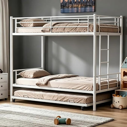 Metal Triple Bunk Bed, Twin Over Twins with Trundle, Heavy Duty Beds Frame with Ladder and Safety Rails for Small Bedroom, Space-Saving Noise Free (White)