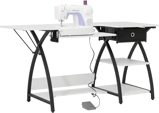 Sew Ready Comet Plus Hobby Sewing Table, 45.5 x 23.5" Overall Platform Size w/ Large Lower Storage Drawer, 2 Side Shelves & Cloth Drawer, Black/White