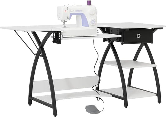 Sew Ready Comet Plus Hobby Sewing Table, 45.5 x 23.5" Overall Platform Size w/ Large Lower Storage Drawer, 2 Side Shelves & Cloth Drawer, Black/White