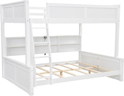 RUNNA Twin XL Over Queen Bunk Bed with Storage,USB, Antique White | Twin XL over queen bunk bed with storage, USB, solid pine wood, guardrails, no box spring needed, antique white
