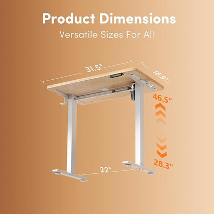 FEZIBO Small Standing Desk, 32 × 19 Inches Electric Height Adjustable, Sit and Stand Up, Computer Office Desk with Splice Board, White Frame/Maple Top