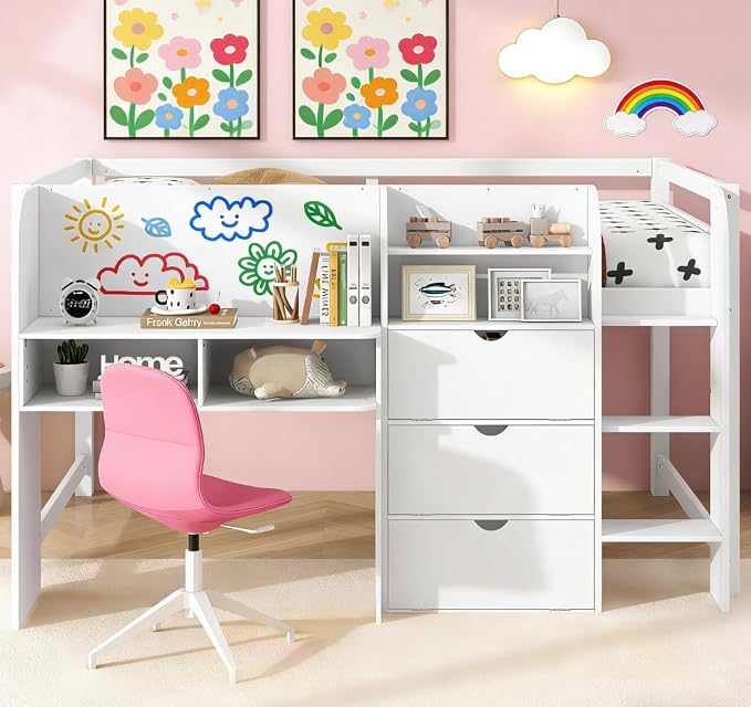 Bellemave Full Size Low loft Bed with Desk, for Kids,Wood Modern Farmhouse Full Loft Bed with Storage Cabinets,Bookcase, No Box Spring Needed, White