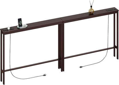 ELYKEN Bamboo Narrow Console Table with Charging Station, 2 Pack Slim Sofa Table Behind Couch, Entryway Table with Outlets for Living Room, Hallway, 5.9 x 39.4 x 31.1in, Brown