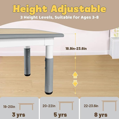 FUNLIO 23.6in*47.2in Adjustable Kids Table, 3-Level Height for Ages 3-8, Easy to Wipe Arts & Crafts Toddler Table for Classrooms/Daycares/Homes, CPC & CE Approved - Grey