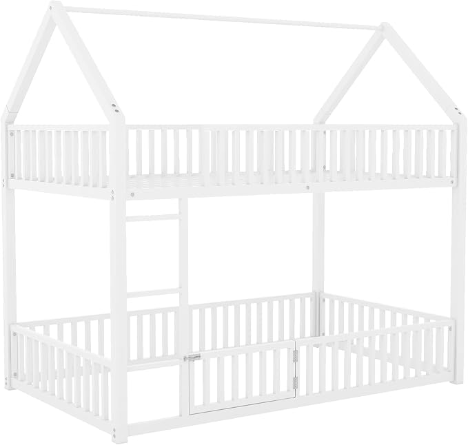 RuiSiSi Metal Bunk Bed Twin Over Twin, Floor House Bunk Bed with Safety Guardrails and Roof for Kids Teens, Twin Bunk Beds for Bedroom, No Box Spring Needed, White
