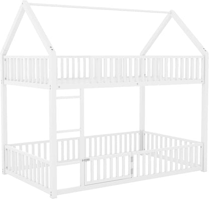 RuiSiSi Metal Bunk Bed Twin Over Twin, Floor House Bunk Bed with Safety Guardrails and Roof for Kids Teens, Twin Bunk Beds for Bedroom, No Box Spring Needed, White