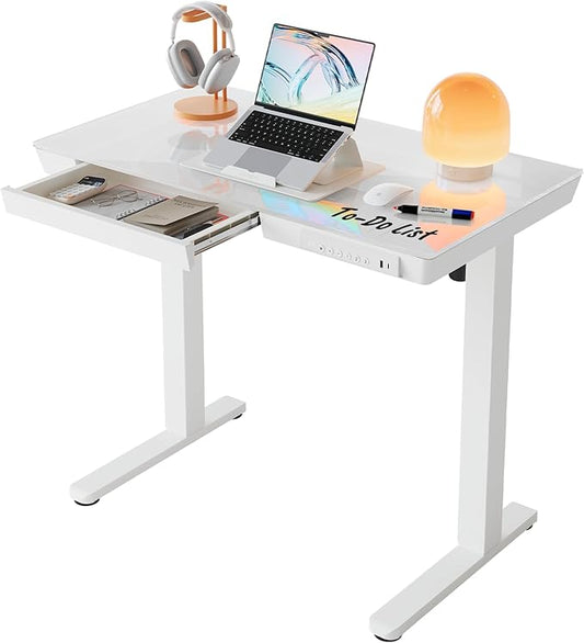 HUANUO Glass Standing Desk with Drawers, 35 X 20 Inch Electric Adjustable Height Desk, Quick Install One-Piece Tabletop with USB Charging Ports, White