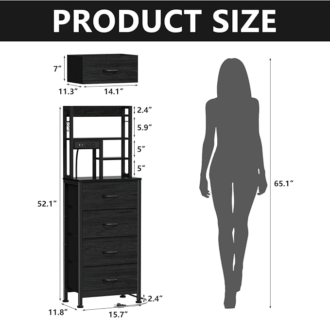Furnulem Tall Nightstand, LED Night Stand with Charging Station and USB Ports, 4 Fabric Drawers and 4 Tier Storage Shelf, Nightstands Bedside Tables for Bedroom, Dorm, Office (Black Oak)
