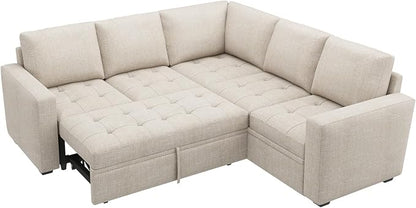 HONBAY Modular Sectional Sleeper Sofa with Pull Out Bed L Shaped Couch with Storage Seat Sectional Couches for Living Room,Beige