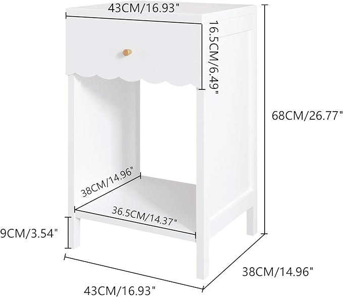 Cute White Nightstand with Drawer and Open Shelf, Scalloped Edge Design Bedroom Bedside Table, Wood End Table for Kids Girls Bedroom, White