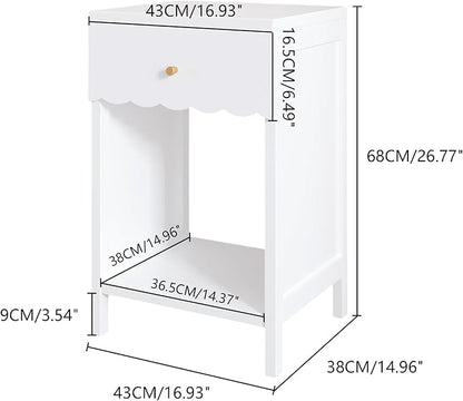 Cute White Nightstand with Drawer and Open Shelf, Scalloped Edge Design Bedroom Bedside Table, Wood End Table for Kids Girls Bedroom, White