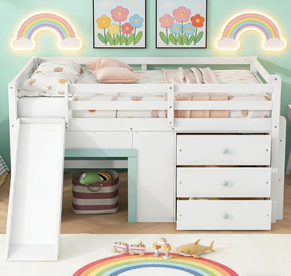 Bellemave Full Size Low loft Bed with Slide for Kids,Wood Modern Farmhouse Full Loft Bed with Drawer Storage, No Box Spring Needed, White