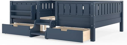 Bellemave Full Size Bed Frame with Storage Drawers & Bookshelf, Low Profile Kids Bed with Staircase & Full Length Guardrails, Solid Wood Full Size Bed Frame Kids with Slats Load 550 LBS, Blue