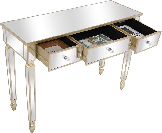 VINGLI Mirrored Vanity Desk with 3 Drawers, Multifunctional Home Office Desks, Modern Console/Sofa/Makeup Desk for Bedroom/Living Room/Entryway, Gold