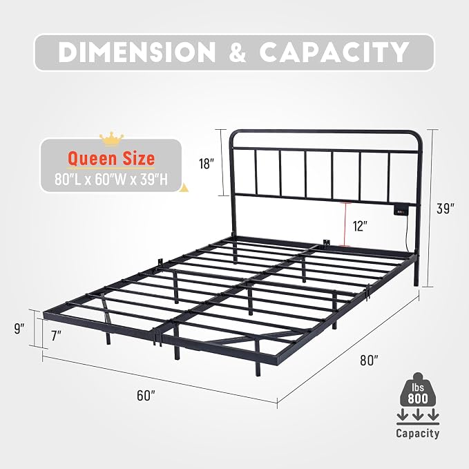 Floating Queen Size Platform Bed Frame with LED Lights & Charging Station - Includes Powered Screwdriver for Assembly, Mattress Fasteners & Corner Pads, Hardened Steel