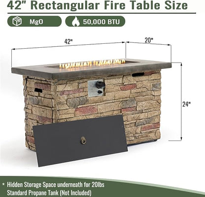 42" Propane Gas Fire Pit Table, 50,000 BTU Rectangular Concrete Outdoor Fire Pit with Lid & Glass Beads for Patio, Deck, Backyard & Garden, Beigie Multi
