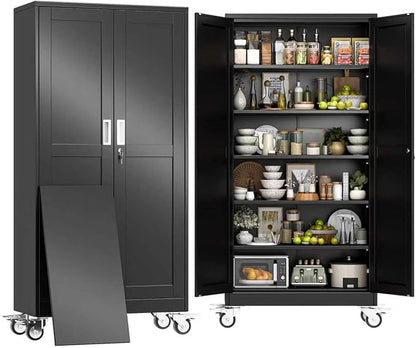 75" H Metal Pantry Storage Cabinet with Wheels,Rolling Kitchen Pantry Cabinet with 2 Doors and 5 Adjustable Shelves, Locker Steel Cabinet,Organization Cabinet for Garage,Home,Gym,School,Black