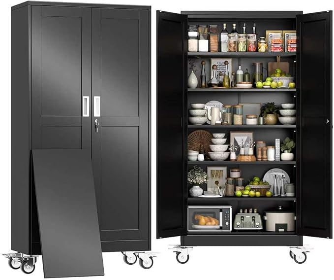 74" H Metal Pantry Storage Cabinet with Wheels,Rolling Kitchen Pantry Cabinet with 2 Doors and 5 Adjustable Shelves, Locker Steel Cabinet,Organization Cabinet for Garage,Home,Gym,School,Black