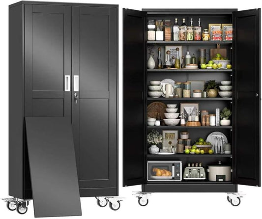 74" H Metal Pantry Storage Cabinet with Wheels,Rolling Kitchen Pantry Cabinet with 2 Doors and 5 Adjustable Shelves, Locker Steel Cabinet,Organization Cabinet for Garage,Home,Gym,School,Black